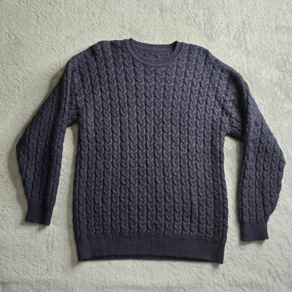 Baby Alpaca Cable Knit Crew Neck Sweater Mens Large Navy Blue Made In Peru